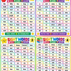 May include: A colourful educational poster featuring four distinct sections labelled Sight Words 1 through 4. Each section contains a grid of common English words in rectangular boxes, accompanied by illustrations of an apple, rainbow, and books.