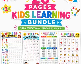 Puede incluir: Un paquete de aprendizaje para niños de 26 páginas con materiales educativos coloridos. El conjunto incluye hojas para trazar números, tablas de palabras frecuentes, tablas de multiplicar y hojas de trabajo del alfabeto con ilustraciones de la A a la Z.