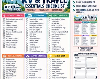Puede incluir: Una lista de control digital para viajes en autocaravana con categorías para artículos personales, equipo, comodidad, electrónica y camping. El documento incluye una página de notas de viaje y versiones tanto en color como en blanco y negro.