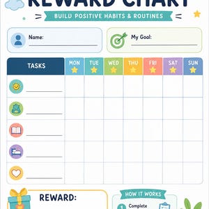 May include: A colorful kids' reward chart with the title "Kids REWARD CHART". It includes sections for tasks, goals, and rewards, with illustrations of stars, a rainbow, and a gift box. The chart is designed to build positive habits and routines.