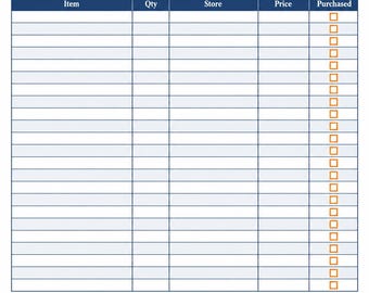 Puede incluir: Una plantilla de lista de compras navideñas blanca con texto azul oscuro y detalles en naranja. El encabezado presenta hojas de acebo, un icono de carrito de compras y el texto CHRISTMAS SHOPPING LIST. Incluye columnas para artículo, cantidad, tienda, precio y una columna de casillas de verificación.