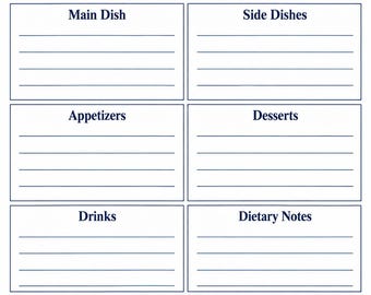 Puede incluir: Una hoja blanca de planificador de cena de Navidad con texto y bordes azules. Incluye secciones para fecha, hora, número de invitados, plato principal, guarniciones, aperitivos, postres, bebidas, notas dietéticas y una lista de verificación de preparación de comidas con casillas.
