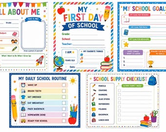 Puede incluir: Un conjunto de cinco hojas educativas imprimibles con temática escolar que incluyen All About Me, My First Day of School, My School Goals, My Daily School Routine y School Supply Checklist con ilustraciones de lápices, manzanas y libros.