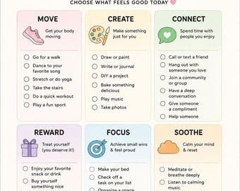 Puede incluir: Un póster de Dopamine Menu con el texto 'LITTLE THINGS. BIG CHEMICAL REWARDS.' y 'CHOOSE WHAT FEELS GOOD TODAY'. Presenta seis categorías: MOVE, CREATE, CONNECT, REWARD, FOCUS y SOOTHE, cada una con una lista de actividades e iconos.