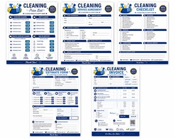Puede incluir: Un conjunto de cinco formularios de limpieza en azul y blanco que incluyen lista de precios, contrato de servicio, lista de verificación, formulario de presupuesto y factura, con un icono de cubo azul y suministros.