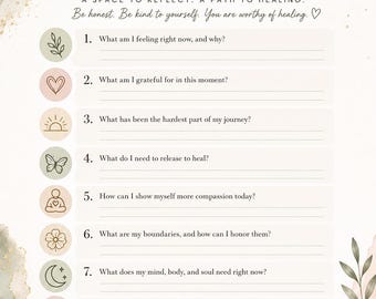 Puede incluir: Una hoja de diario imprimible titulada Healing Journaling Prompts con diez preguntas numeradas, ilustraciones botánicas decorativas y suaves acentos de acuarela en verde salvia y rosa empolvado. El texto incluye A space to reflect. A path to healing.