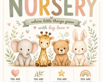 Puede incluir: Una lámina decorativa con la palabra NURSERY en letras pastel y el texto where little things grow with big love. Debajo hay ilustraciones de un elefante gris, una jirafa, un oso pardo y un conejo blanco, junto a cuatro afirmaciones.