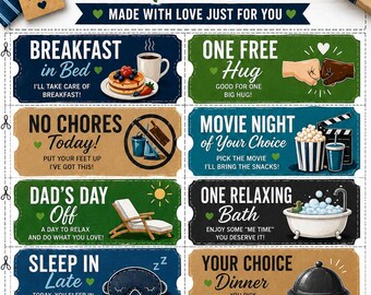 Puede incluir: Un libro de cupones para el Día del Padre con una cuadrícula de diez vales perforados con ilustraciones y texto, incluyendo Breakfast in Bed, One Free Hug, No Chores Today, Movie Night, Dad's Day Off, One Relaxing Bath, Sleep In Late, Your Choice Dinner, Gas Tank Fill-Up, I'll Take the Kids, Tech Support y A Special Surprise.
