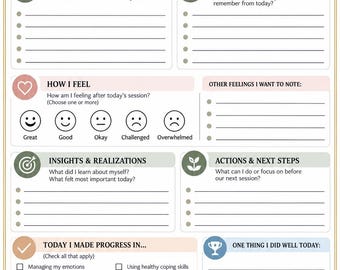 Puede incluir: Una hoja de reflexión para sesiones de terapia con secciones para fecha, número de sesión, temas tratados, conclusiones, sentimientos, ideas, acciones, casillas de verificación de progreso y un recordatorio. Incluye iconos y una planta.