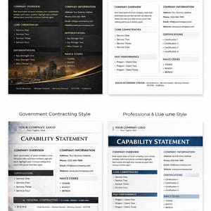 May include: Four different capability statement templates with varying designs. Each template includes sections for company overview, core competencies, and contact information. The designs use black, gold, and white color schemes.