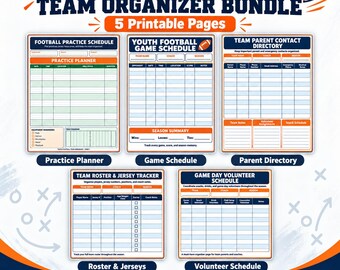 Puede incluir: Un paquete organizador para equipos de fútbol juvenil con cinco páginas imprimibles: horario de práctica, calendario de juegos, directorio de padres, registro de jugadores y camisetas, y horario de voluntarios, en azul marino y naranja.