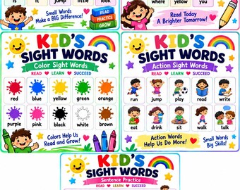 Puede incluir: Un conjunto de cinco pósteres educativos titulados Kid's Sight Words, con ilustraciones coloridas de niños, arcoíris y soles. Las tablas muestran palabras de preescolar, jardín de infantes, colores, acciones y frases con texto.