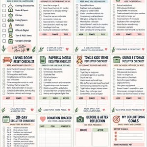 Peut inclure: Un ensemble de 12 pages de classeur de désencombrement à imprimer, comprenant des listes de contrôle pour les vêtements, la cuisine, la salle de bain, le salon, les papiers, les fichiers numériques, les jouets et le garage.