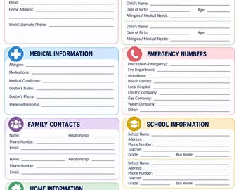 Puede incluir: Una hoja impresa de información familiar con secciones para padres, niños, datos médicos, emergencias, contactos, escuela, información del hogar y notas adicionales con líneas en blanco para escribir detalles personales.