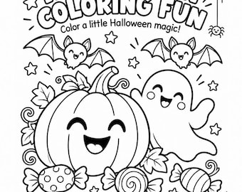 Puede incluir: Una página para colorear imprimible en blanco y negro titulada HALLOWEEN COLORING FUN. La página presenta una calabaza sonriente, un fantasma feliz, dos murciélagos, estrellas y tres dulces. El texto incluye 1 Page Printable, Color a little Halloween magic!, y BONUS PREVIEW.