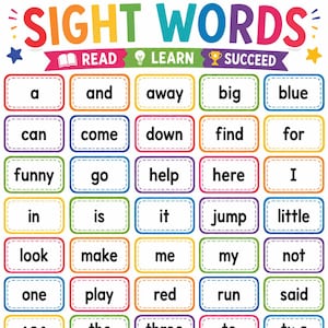 Könnte beinhalten: Ein buntes Lernposter mit der Überschrift SIGHT WORDS und dem Untertitel READ LEARN SUCCEED. Es zeigt ein Raster aus weißen, rechteckigen Karten mit abgerundeten Ecken, die jeweils ein schwarzes Wort enthalten und farbige Ränder haben.
