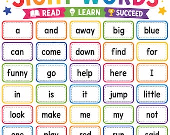 May include: A colorful educational poster titled SIGHT WORDS with the subtitle READ LEARN SUCCEED. It features a grid of white rectangular cards with rounded corners, each containing a single black word, surrounded by vibrant colored borders.
