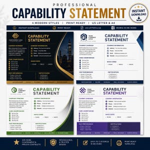 Puede incluir: Un conjunto de plantillas digitales para una declaración de capacidades profesional con cuatro estilos de diseño distintos. Cada diseño incluye secciones para resumen de empresa, información de contacto, competencias y certificaciones.
