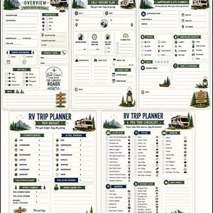 May include: An RV trip planner set featuring five printable pages with sections for trip overview, daily driving plans, campground details, budget tracking, and a pre-trip checklist. The design includes mountain graphics, RV illustrations, and text.