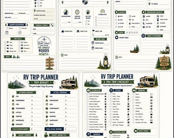 May include: An RV trip planner set featuring five printable pages with sections for trip overview, daily driving plans, campground details, budget tracking, and a pre-trip checklist. The design includes mountain graphics, RV illustrations, and text.
