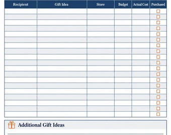 Puede incluir: Una hoja imprimible de planificador de regalos de Navidad con un encabezado azul oscuro que dice Christmas Gift Planner. Incluye secciones para el presupuesto total, presupuesto restante, una tabla de seguimiento y más ideas.