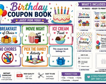 Puede incluir: Un libro de cupones de cumpleaños imprimible con ilustraciones coloridas de un pastel, globos y seis cupones individuales para actividades como desayuno, cine, helado, sin tareas y juegos familiares, con instrucciones y portada.