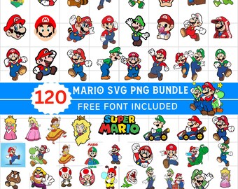 Pacchetto SVG di Super Mario per Cricut e sublimazione, file di taglio di Mario, clipart di Mario, font di Super Mario, Mario PNG, SVG della famiglia di Mario