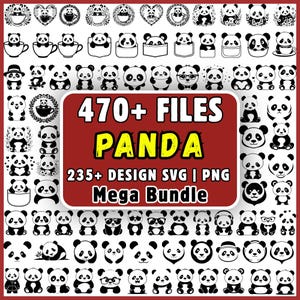 Könnte beinhalten: Eine digitale Sammlung von über 470 schwarz-weißen Panda-Illustrationen in den Formaten SVG und PNG. Die zentrale rote rechteckige Grafik enthält den weißen Text 470+ FILES PANDA 235+ DESIGN SVG | PNG Mega Bundle, umgeben von Panda-Symbolen.