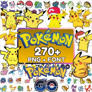May include: A collection of colorful Pokémon graphics, including Pikachu, with the text "Pokémon 270+ PNG + FONT". Various Pokémon characters and logos are displayed in a grid-like arrangement, suitable for digital design projects.