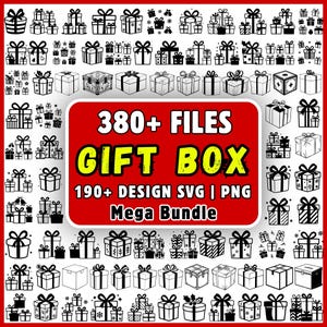 May include: A digital collection of over 380 black and white gift box icons and illustrations arranged in a grid. A central red rectangular label features the white and yellow text 380+ FILES GIFT BOX 190+ DESIGN SVG | PNG Mega Bundle.