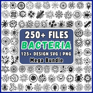 May include: A digital collection of over 250 black and white line art illustrations of various bacteria and microorganisms. A central blue rectangular label features the white and green text: 250+ FILES BACTERIA 125+ DESIGN SVG | PNG Mega Bundle.
