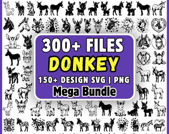 Pacchetto di immagini SVG di asini, oltre 300 simpatici asini in formato SVG e PNG, clipart di asini divertenti, animali da fattoria in formato SVG, volti di asino in formato SVG, file di taglio per Cricut e Silhouette.