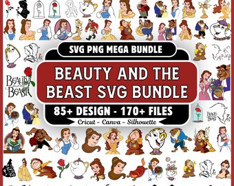 Pacchetto SVG de La Bella e la Bestia, oltre 85 clipart PNG della Principessa Belle, design per magliette Disney Princess, file artistico per sublimazione Cricut, download immediato.