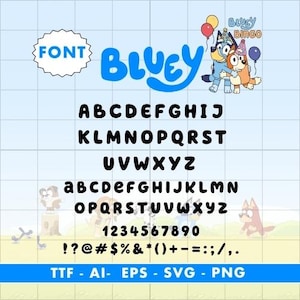 Puede incluir: Un diseño de fuente digital con la palabra "BLUEY" en letras grandes y azules con burbujas. La fuente incluye alfabetos en mayúsculas y minúsculas, números y símbolos. La imagen también incluye el texto "FONT" y "Bluey Bingo".