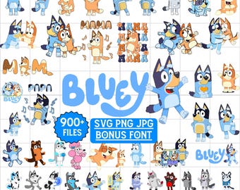 100+ Bluey PNG SVG Bundle + BONUS Font, Bluey Dog Bingo Clipart Bundle Set Original Designs for Birthday Day Crafts Coloring Printing