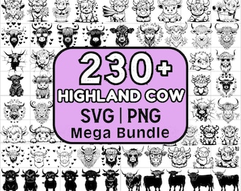 Pacchetto di file SVG e PNG di mucche delle Highlands, download immediato, clipart di mucche delle Highlands in stile kawaii, file per plotter da taglio e taglio laser. Divertente animale da fattoria.