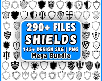 Pacchetto di 290+ file SVG per scudi, stemmi SVG PNG, stemmi araldici SVG, scudi di squadre sportive, cavalieri SVG per Cricut e Silhouette.