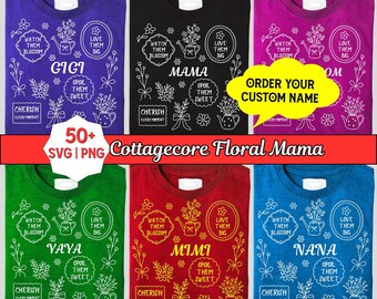 Cottagecore Floral Mama PNG Bundle, Retro Mama Sublimation Design, Grandma Mimi Yaya PNG, Download digitale per la Festa della Mamma