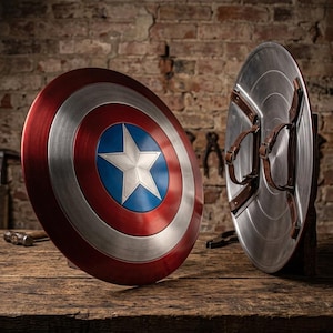 K&ouml;nnte beinhalten: Zwei Captain America Schilde. Ein Schild ist nach oben gerichtet und zeigt ein rotes und silbernes Design mit konzentrischen Kreisen und einem blauen Stern in der Mitte. Das andere Schild ist zur Seite gedreht und zeigt die braunen Lederriemen auf der R&uuml;ckseite. Beide Schilde befinden sich auf einer Holzoberfl&auml;che.