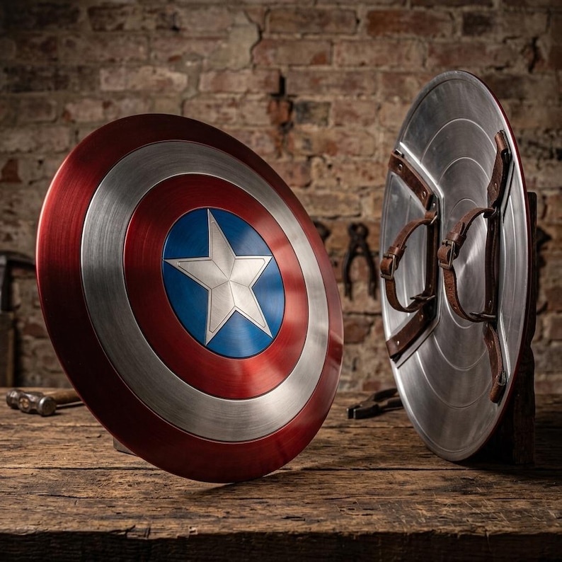 K&ouml;nnte beinhalten: Zwei Captain America Schilde. Ein Schild ist nach oben gerichtet und zeigt ein rotes und silbernes Design mit konzentrischen Kreisen und einem blauen Stern in der Mitte. Das andere Schild ist zur Seite gedreht und zeigt die braunen Lederriemen auf der R&uuml;ckseite. Beide Schilde befinden sich auf einer Holzoberfl&auml;che.