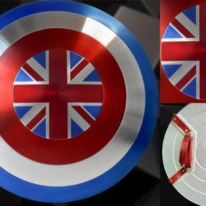 May include: A round shield with a blue, silver, and red design. The center features a Union Jack flag. The shield has a metallic finish and red leather straps on the back. The shield is a replica of a superhero's shield.