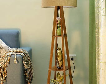 Modern Wood Floor Lamp with Shelves – 3-Tier Tripod Shelf Lamp, Jute Shade