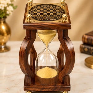 Könnte beinhalten: Eine Sanduhr aus Holz mit dunkelbraunem Finish und geschwungenen Stützen. Die Oberseite zeigt eine Messingplatte mit Schachbrettmuster und dem Text THE CHESS MAKER 6TH CENTURY AD SAND TIMER. Goldener Sand fließt durch den klaren Glaskolben.
