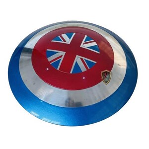 May include: A round shield with a blue, silver, and red color scheme. The center features a red circle with a Union Jack design. A small gold emblem is on the lower right side of the shield.