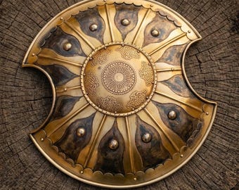 Handgefertigter Boeoischer Schild aus Messing, Sonnenstrahl Gravur, Altgriechische Krieger Replik, Mittelalterliche Wanddekoration