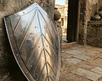Hand-Hammered Steel Heater Shield, 24 Inch Knight Armor, SCA Combat Reenactment Wall Decor