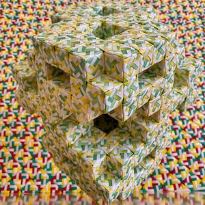 Origami Fractal Series original one of a kind paper art sculpture no adhesives 9"x9"x9" Cube math modernist futurism cubism
