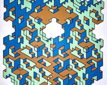 Painting - Origami Optical Illusion Cubic Large Colorful Wall Decor math science architecture geometry 40”x30”