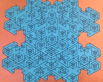 Origami Optical Illusion Cubic Engineering - Original Fine Art Paintings Large Colorful Wall Decor math science shapes architecture geometry