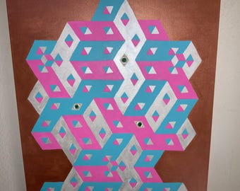 May include: Abstract geometric painting featuring a symmetrical design of interconnected cubes. The artwork uses a palette of pink, teal, and silver against a copper-colored background. Small, green, circular accents are incorporated into the design.